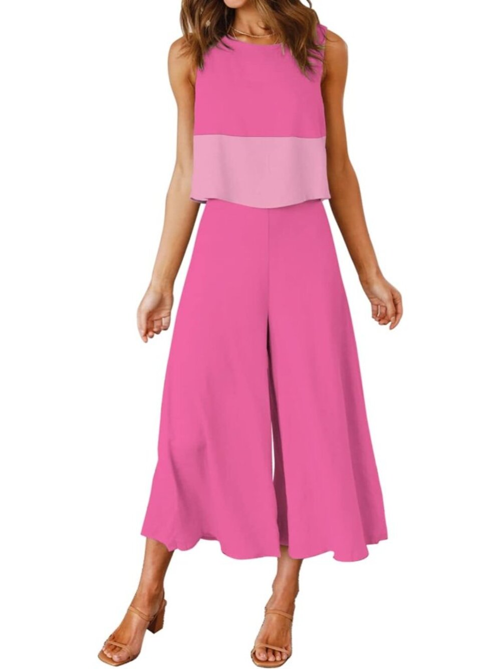Women's Pink Summer 2 Piece Outfits Round neck Crop Basic Top Cropped Wide Leg